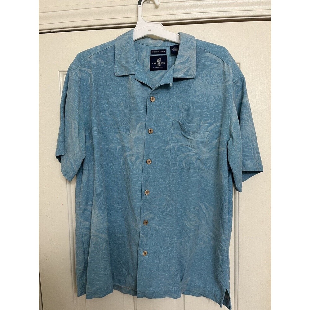 Caribbean Joe Men's Size LARGE Hawaiian Shirt, Button Up Short Sleeve, 100% Silk